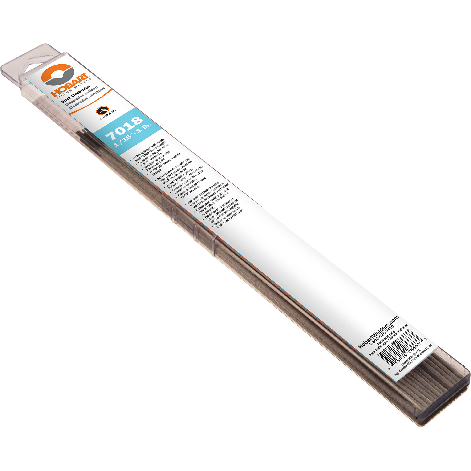 Hobart Filler Metals Stick Welding Electrodes, 7018, 1/16in. Dia. x 14in.L, 1-Lb. Pkg., Model# H119916-R01